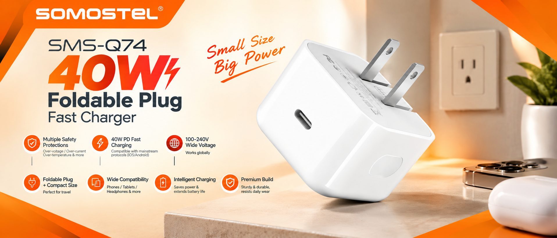 SOMOSTEL SMS-Q74 40W Foldable Plug Fast Charger